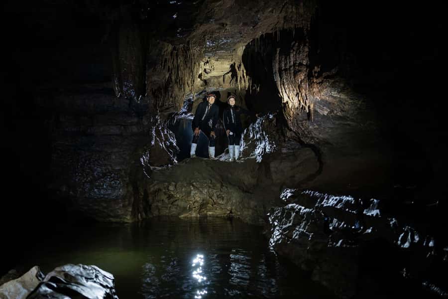 The Waitomo Experience : Okohua Glowworm Cave Tour - The mid-cave snack and the hot tub finish